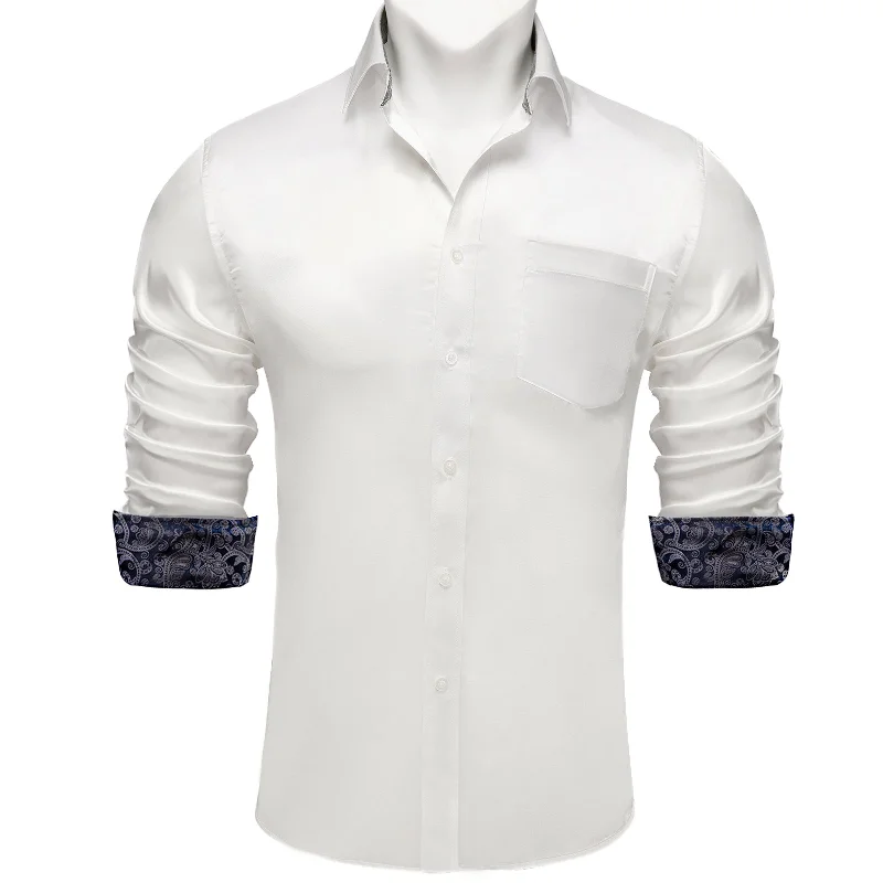 DiBanGu White Satin Solid Dress Shirt