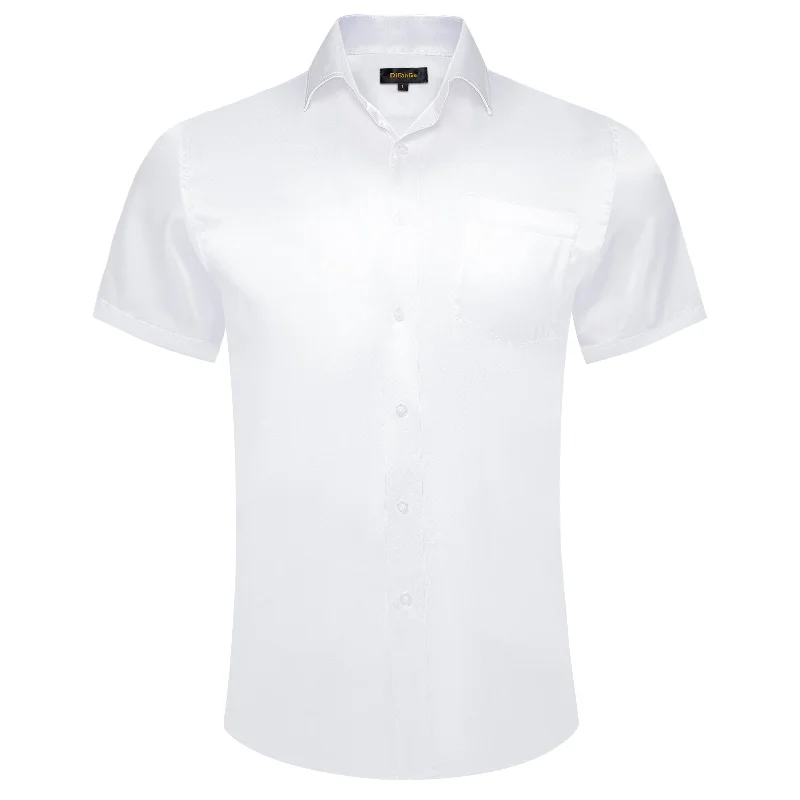 DiBanGu White Solid Satin Men's Short Sleeve Shirt