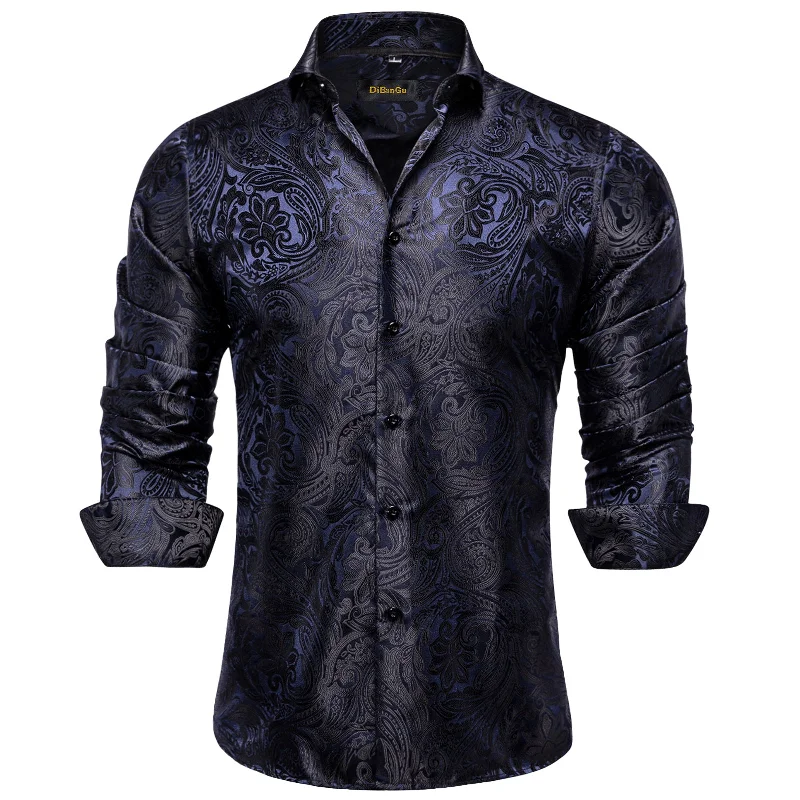 DiBanGu Black Purple Floral Silk Men's Shirt