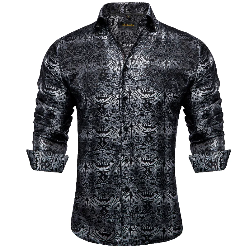 DiBanGu Black Silver Paisley Polyester Men's Shirt