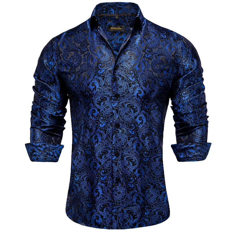 DiBanGu Blue Floral Polyester Men's Shirt