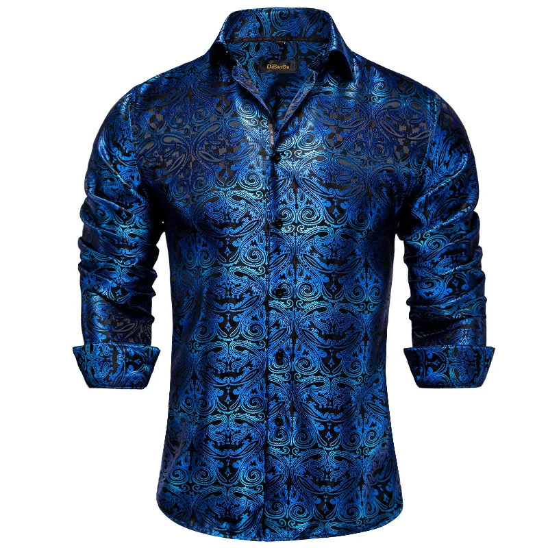 DiBanGu Blue Paisley Polyester Men's Shirt