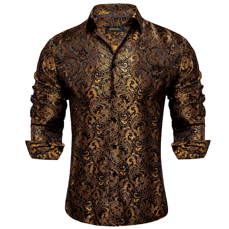 DiBanGu Brown Golden Floral Polyester Men's Shirt