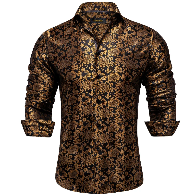 DiBanGu Dark Golden Floral Polyester Men's Shirt