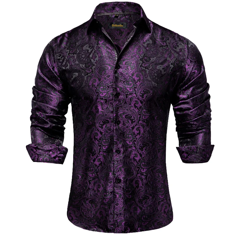 DiBanGu Dark Purple Floral Polyester Men's Shirt