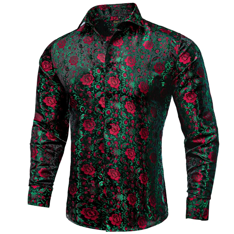 DiBanGu Green Red Floral Polyester Men's Shirt