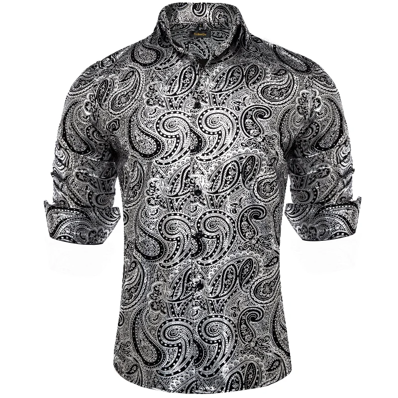 DiBanGu Silver Black Paisley Stamping Men's Shirt