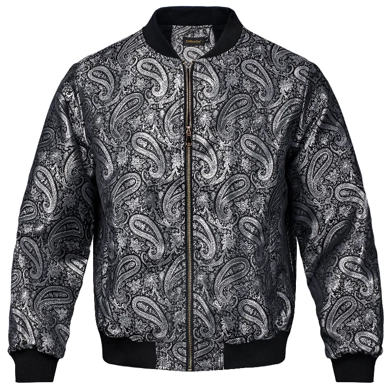 DiBanGu Black Silver Paisley Men's Jacquard Light Casual Jacket