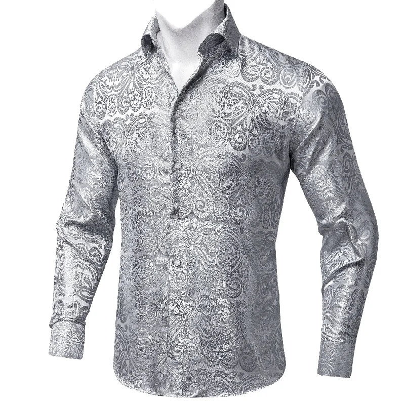 DiBanGu Silver White Paisley Polyester Men's Shirt