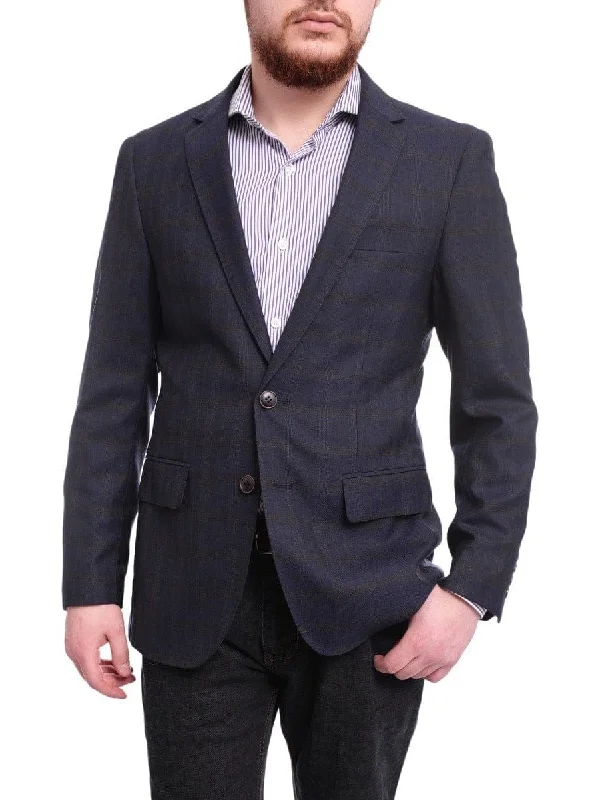 Arthur Black Extra Slim Fit Navy Blue With Brown Plaid Wool Blazer Sportcoat