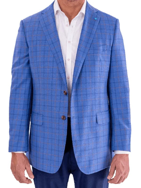 Blujacket Mens Light Blue Plaid Regular Fit 100% Wool Blazer Sportcoat