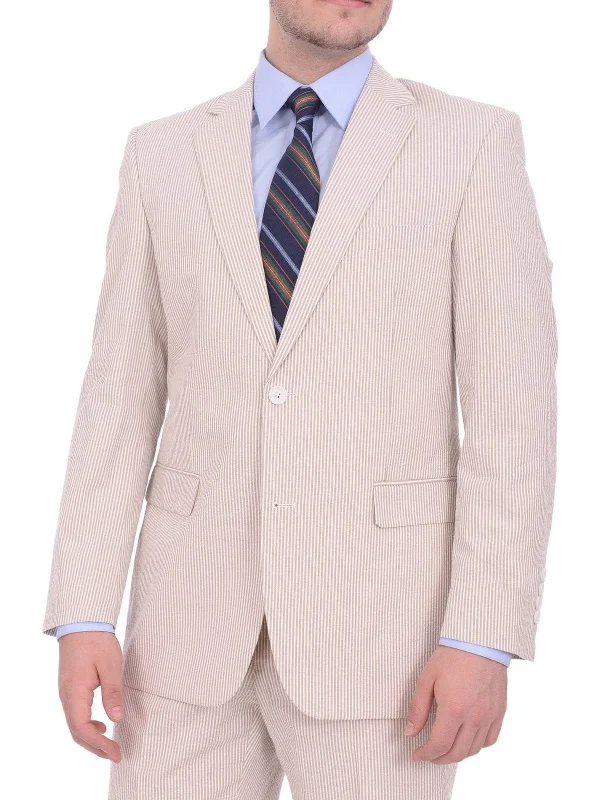 Emigre Classic Fit Tan & White Striped Seersucker Cotton Blazer Sportcoat