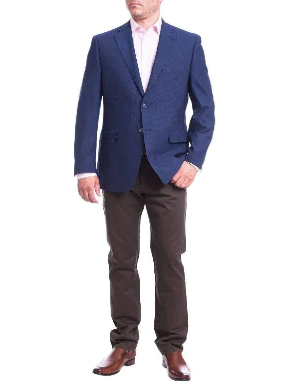 I Uomo Mens Regular Fit Blue Textured 2 Button Wool Blazer Sportcoat