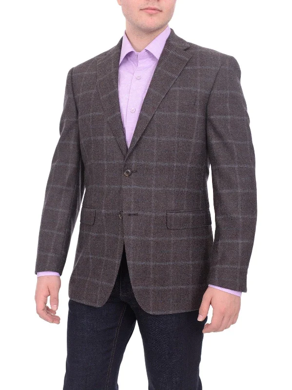 I Uomo Regular Fit Men's Brown & Blue Plaid Two Button Wool Blazer Sportcoat