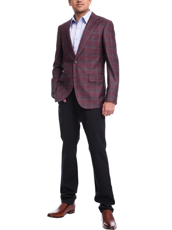 Men's Napoli Slim Fit Burgundy With Blue Plaid Two Button Wool Blazer Sportcoat