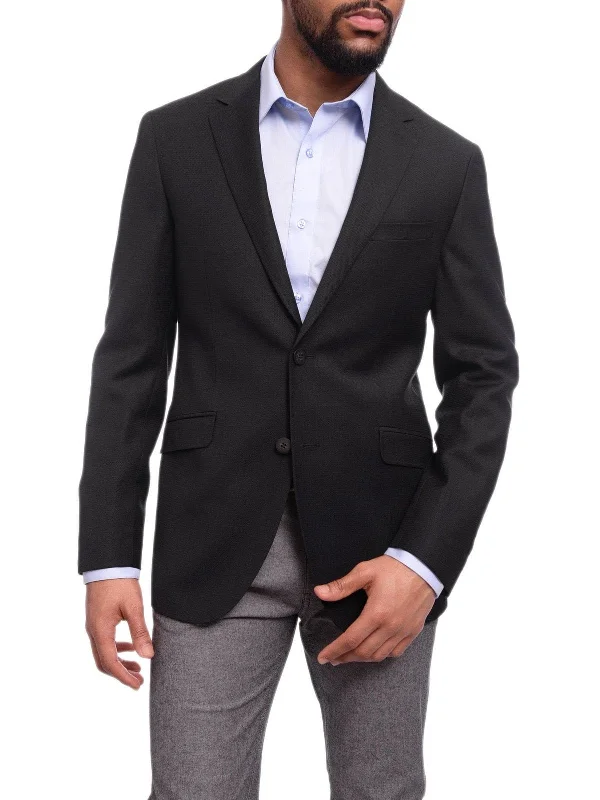 Napoli Slim Fit Black Textured Two Button Half Canvassed Wool Blazer Sportcoat