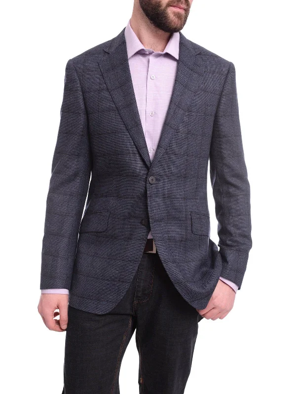 Napoli Slim Fit Blue With Navy Windowpane Half Canvassed Wool Blazer Sportcoat