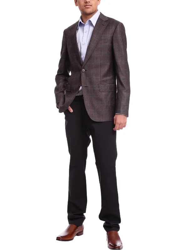 Napoli Slim Fit Brown & Blue Plaid Half Canvassed Reda Wool Blazer Sportcoat