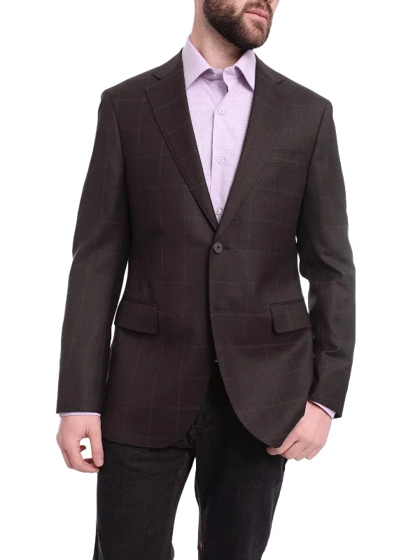 Napoli Slim Fit Brown Plaid Windowpane Half Canvassed Tallia Deflino Wool Blazer