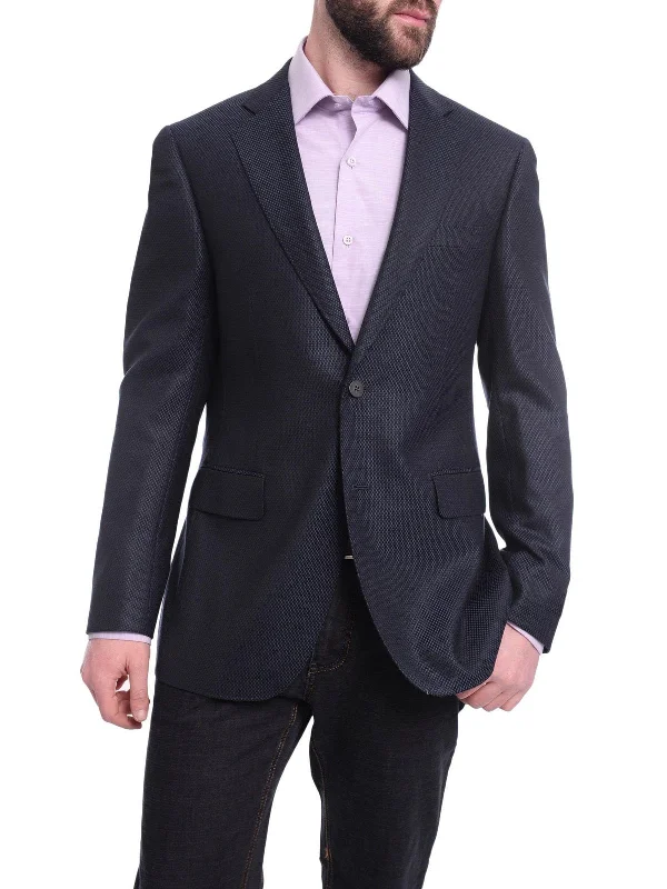 Napoli Slim Fit Navy Blue Textured Two Button Half Canvassed Reda Wool Blazer