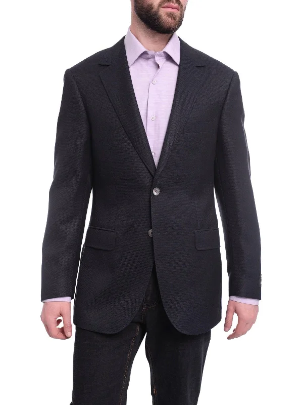 Napoli Slim Fit Navy Textured Half Canvassed Wool Silk Linen Blazer Sportcoat