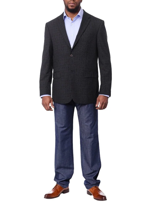 Prontomoda Mens Black& Blue Plaid 100% Wool Regular Fit Blazer Sport Coat