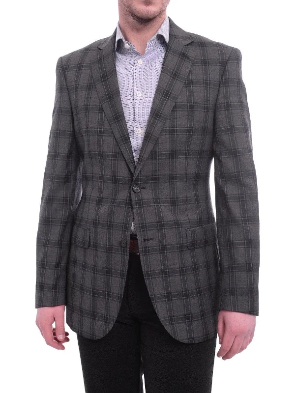 Zanetti Modern Fit Charcoal Gray Windowpane Two Button Wool Blazer Sportcoat