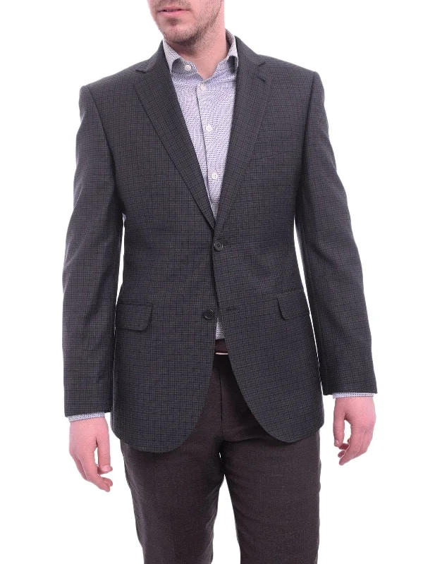 Zanetti Modern Fit Navy Blue Check Two Button Wool Blazer Sportcoat