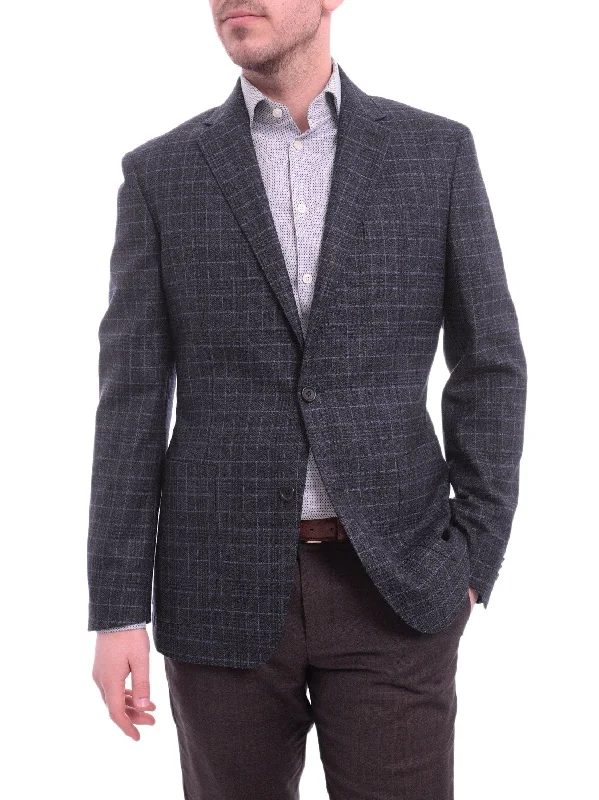 Zanetti Modern Fit Navy Blue Glen Plaid Blazer Sportcoat With Patch Pockets