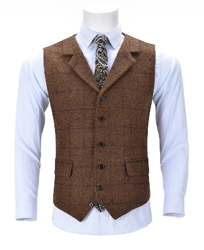 Brown Formal Plaid Notch Lapel Waistcoat Slim Fit Suit Vest