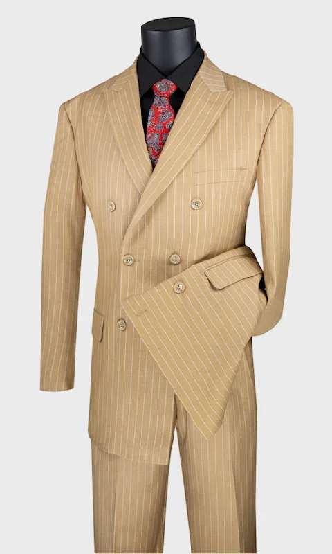 Camel Double Breasted Pinstripe Suit