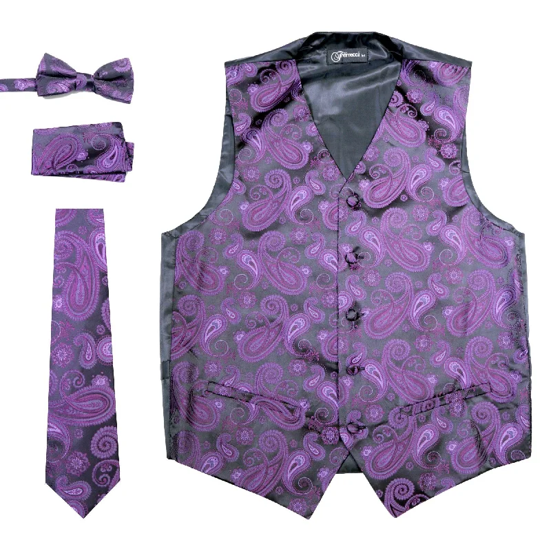 Ferrecci Mens  Purple/Black Paisley Wedding Prom Grad Choir Band 4pc Vest Set