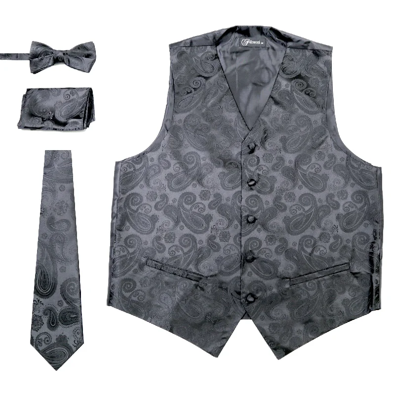 Ferrecci Mens Black Paisley Wedding Prom Grad Choir Band 4pc Vest Set