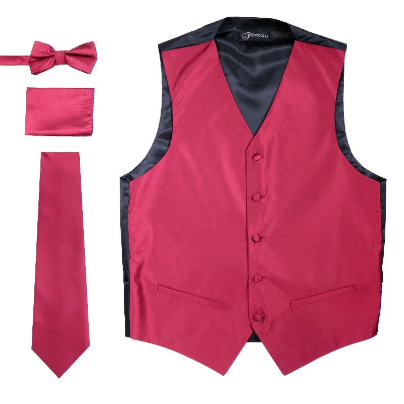 Ferrecci Mens Solid Burgundy Wedding Prom Grad Choir Band 4pc Vest Set