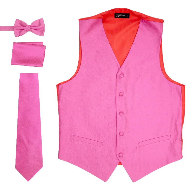 Ferrecci Mens Solid Fuchsia-Pink Wedding Prom Grad Choir Band 4pc Vest Set