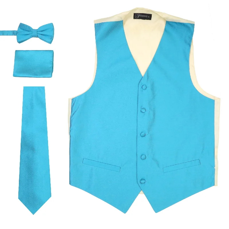 Ferrecci Mens Solid Light Blue-Cream Wedding Prom Grad Choir Band 4pc Vest Set