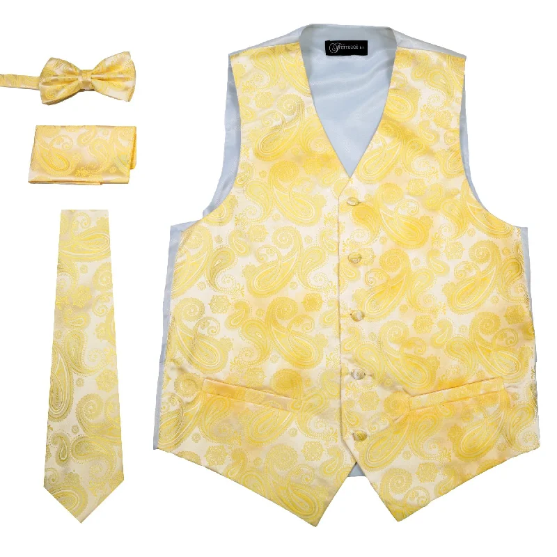 Ferrecci Mens Yellow Paisley Wedding Prom Grad Choir Band 4pc Vest Set