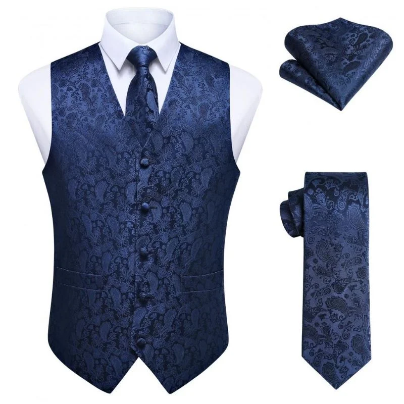 Paisley 3pc Suit Vest Set - B Navy Blue