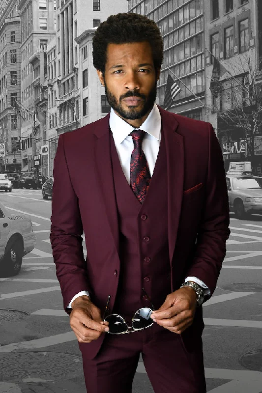 Statement "Lorenzo" Solid Burgundy 3-Piece Slim Fit Suit