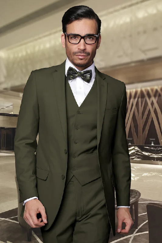 Statement "Lorenzo" Solid Olive 3-Piece Slim Fit Suit