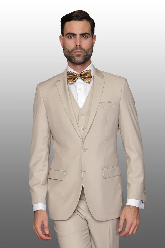 Statement "Lorenzo" Solid Tan 3-Piece Slim Fit Suit