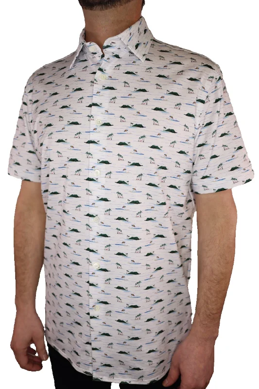 Bugatchi OoohCotton Stretch Island Print Short Sleeve Shirt