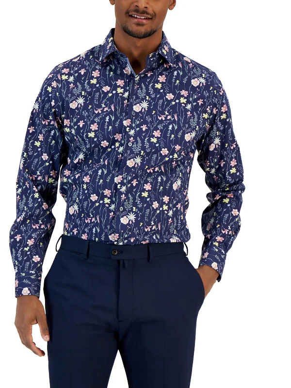 Mens Floral Print Stretch Button-Down Shirt