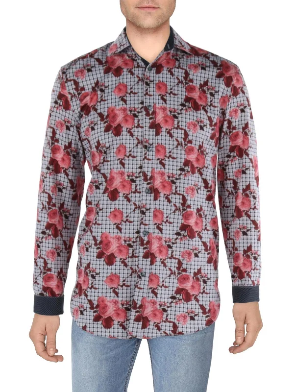 Mens Slim Fit Floral Print Button-Down Shirt