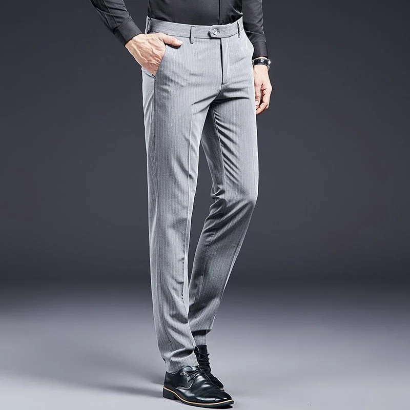 Men's Polyester Full Length Zipper Fly Striped Formal Suit Pants